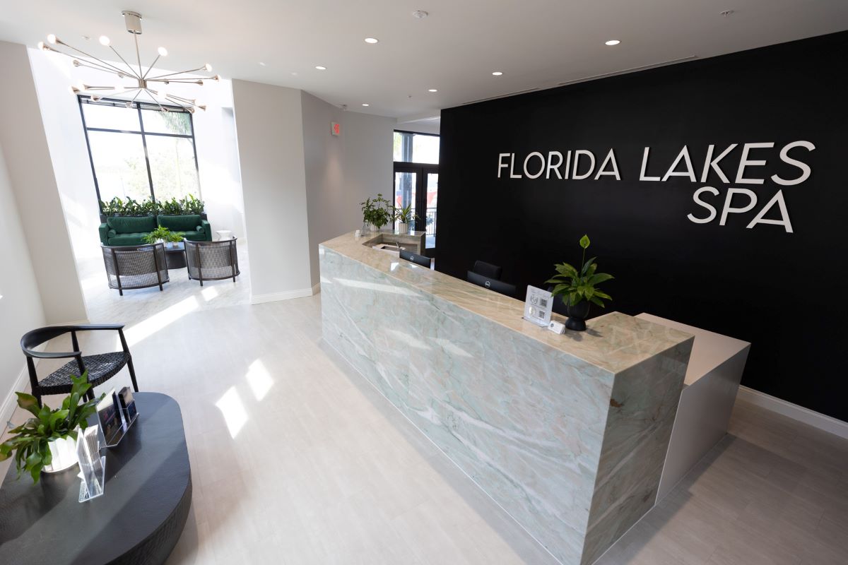 The front desk and reception area of the Wellen Park location of Florida Lakes Spa, where patients come for laser hair removal near Sarasota.